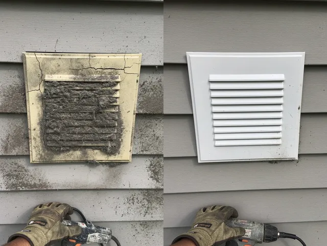 Mount Holly Dryer Vent Cleaning technician installing high-quality dryer vent cover at a residential property in Mount Holly