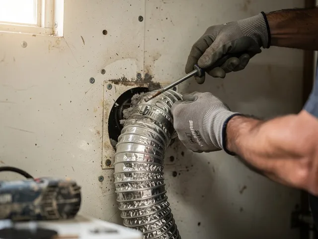 Mount Holly Dryer Vent Cleaning technician performing precise dryer vent hose installation in Mount Holly